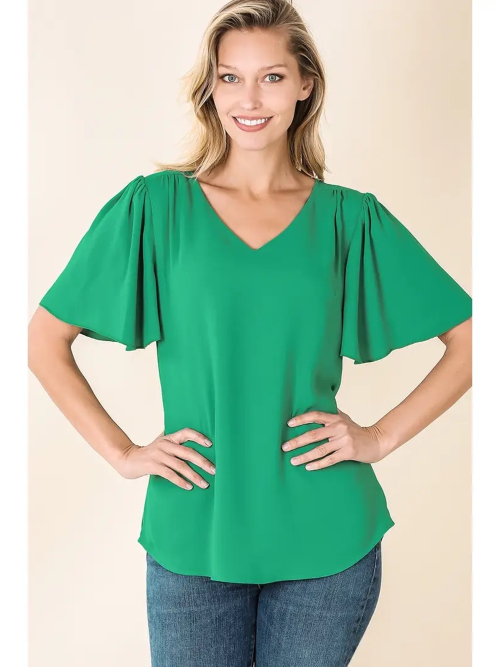 Zenana Outfitters Teal Green V-Neck Flutter Sleeve Blouse